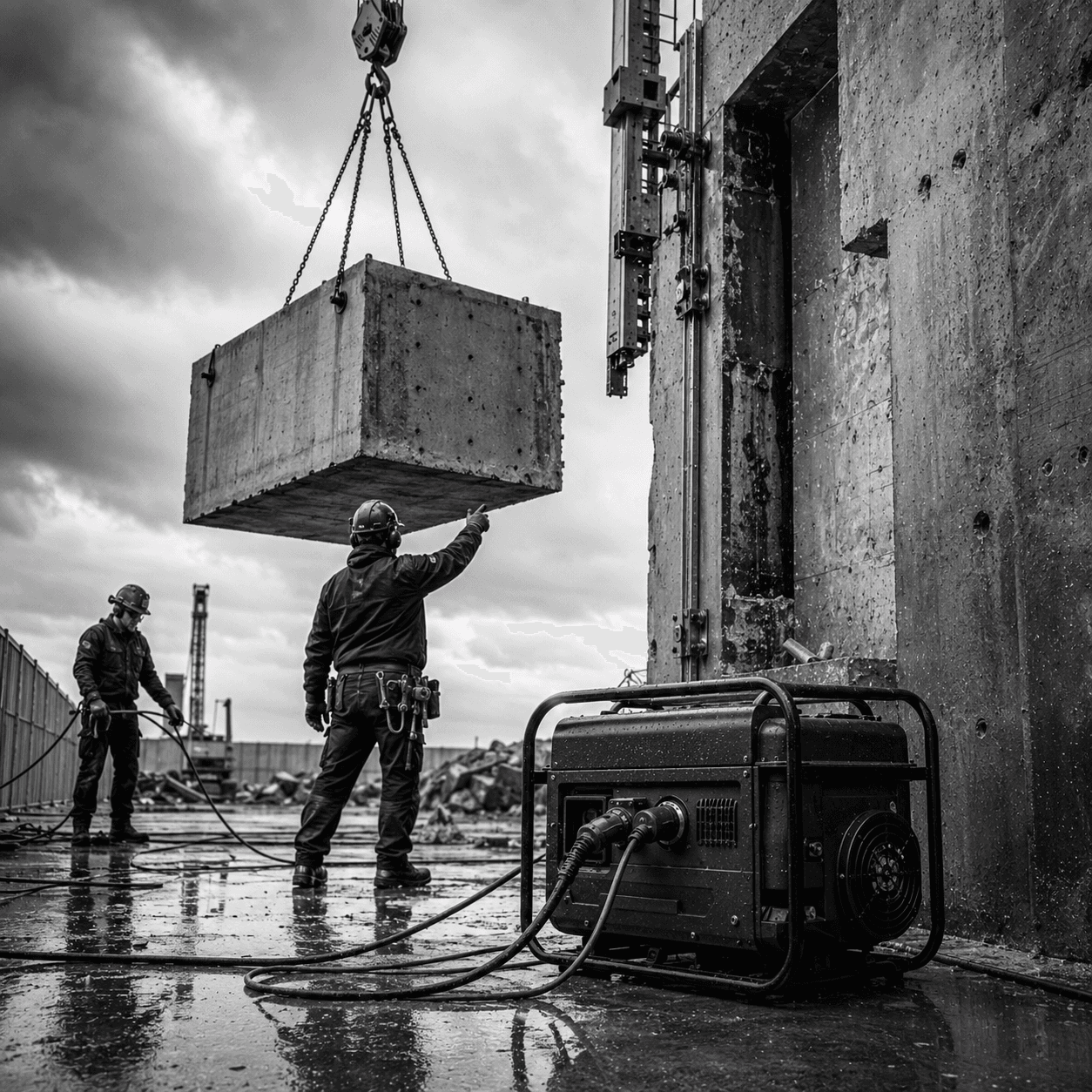 Mobiles Stromaggregat im Vordergrund versorgt eine Baustelle, im Hintergrund wird ein Betonblock per Kran gehoben (Schwarzweiß)