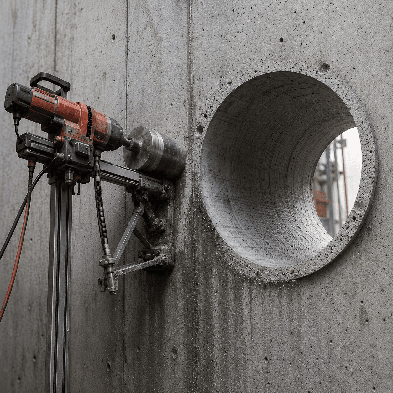 Kernbohrgerät auf Ständer neben einer großen, sauber gebohrten Kreisöffnung in einer Betonwand