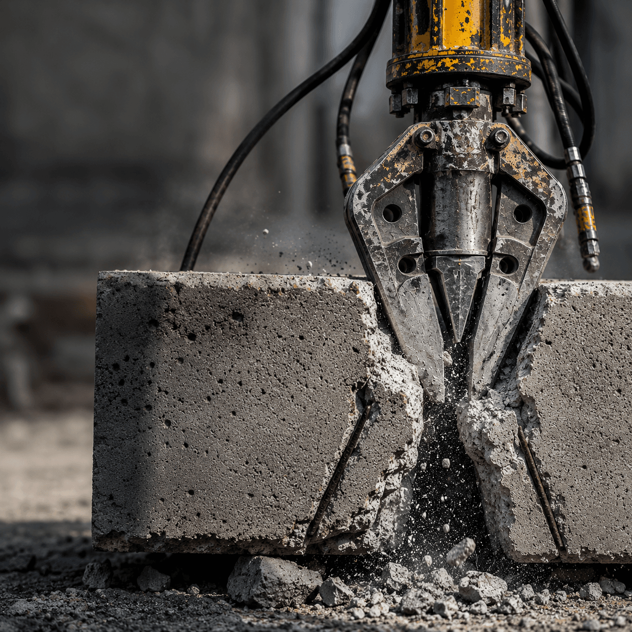 Hydraulischer Betonspalter spaltet einen Betonblock, Bruchstücke und Staub am Spaltkeil