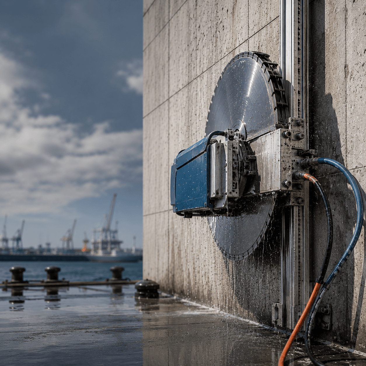 Schienengeführte Wandsäge mit großem Diamant-Sägeblatt schneidet eine Betonwand, im Hintergrund der Hamburger Hafen